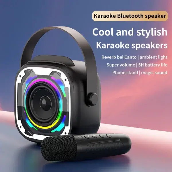 RGB Led Mini Kid Bluetooth Karaoke Sound Box with Microphone - Image 2